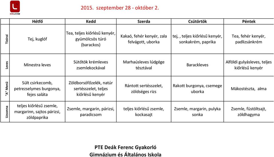 padlizsánkrém Minestra leves Sütőtök krémleves zsemlekockával Marhaúsleves lúdgége tésztával Barackleves Alföldi gulyásleves, teljes kiőrlésű Sült csirkecomb, petrezselymes