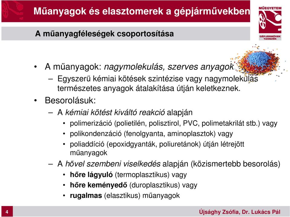 Besorolásuk: A kémiai kötést kiváltó reakció alapján polimerizáció (polietilén, polisztirol, PVC, polimetakrilát stb.