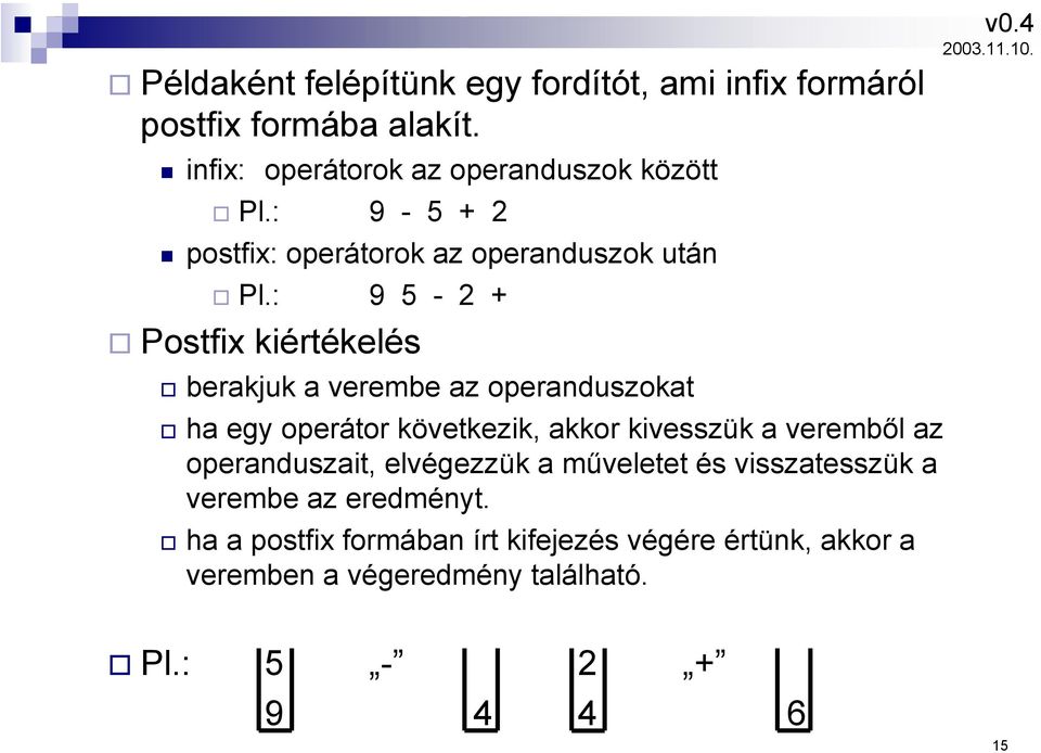 : 9 5-2 + Postfix kiértékelés berakjuk a verembe az operanduszokat ha egy operátor következik, akkor kivesszük a veremből