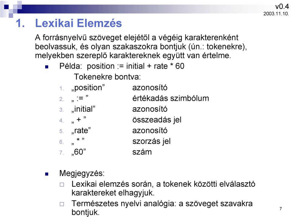 position azonosító 2. := értékadás szimbólum 3. initial azonosító 4. + összeadás jel 5. rate azonosító 6. * szorzás jel 7.