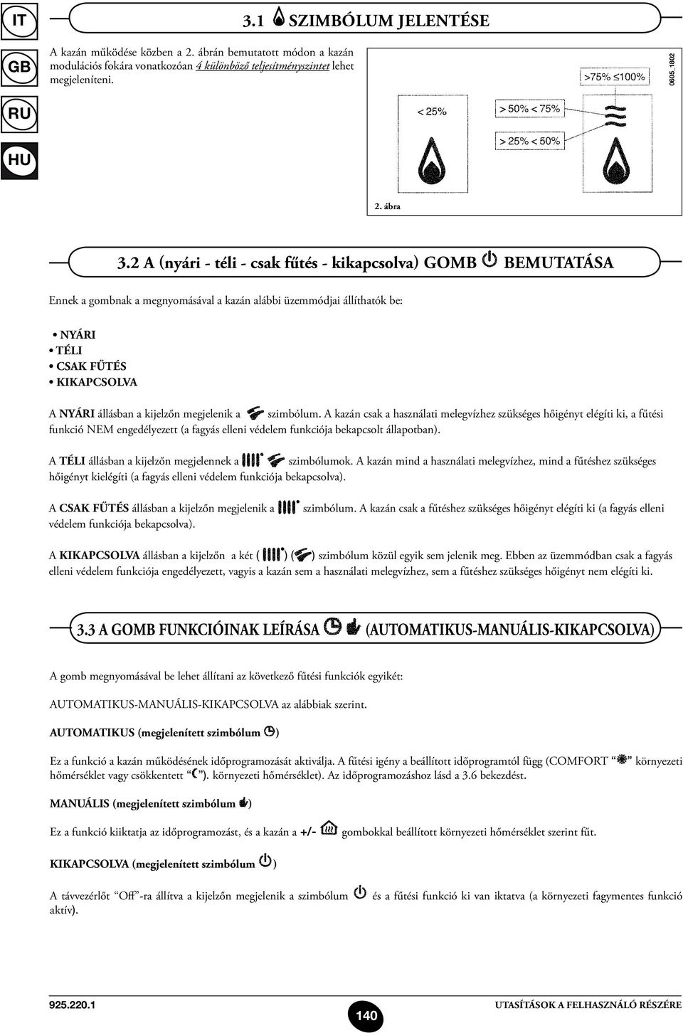 megjelenik a szimbólum. A kazán csak a használati melegvízhez szükséges hőigényt elégíti ki, a fűtési funkció nem engedélyezett (a fagyás elleni védelem funkciója bekapcsolt állapotban).