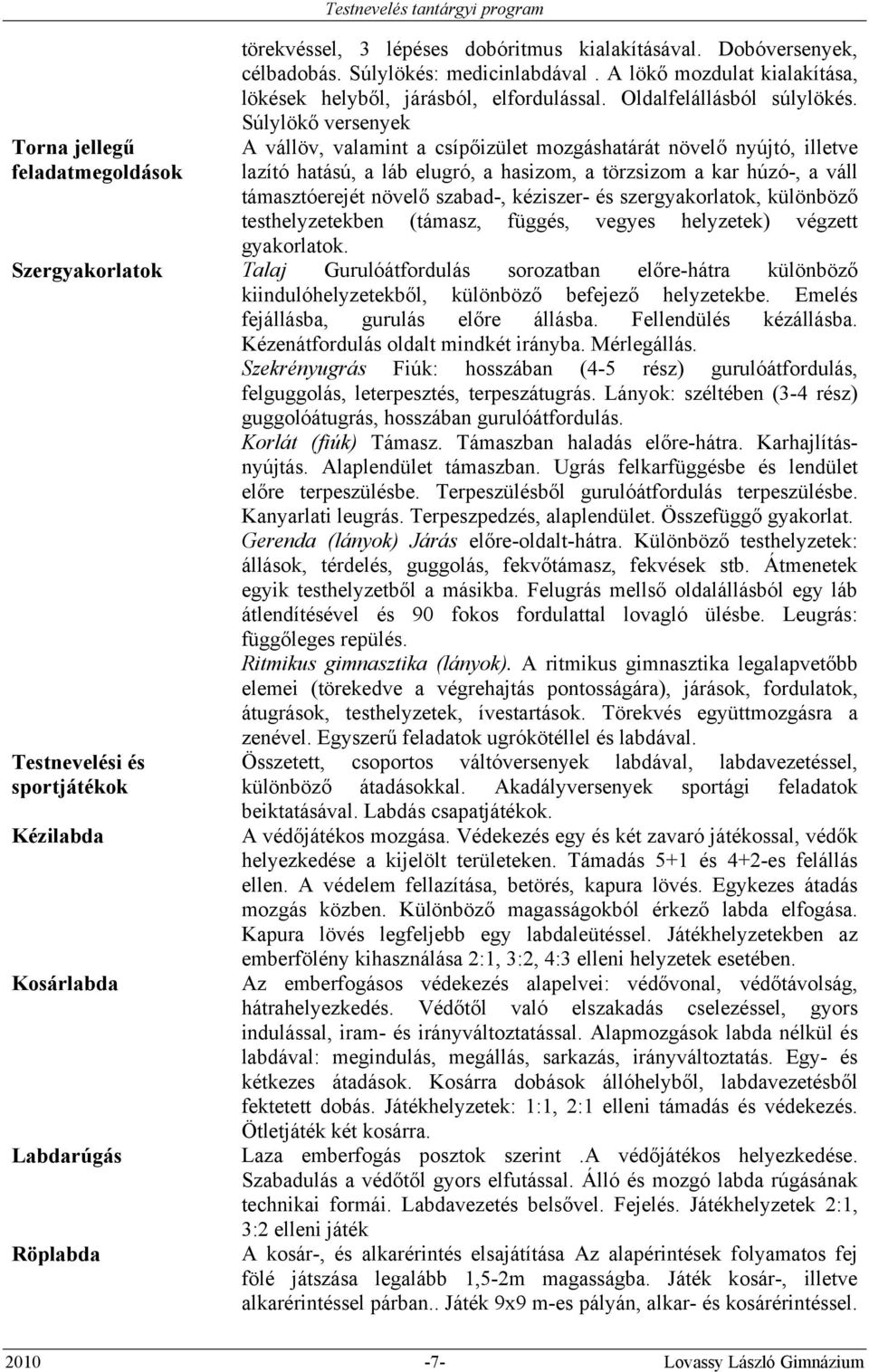 Súlylökő versenyek A vállöv, valamint a csípőizület mozgáshatárát növelő nyújtó, illetve lazító hatású, a láb elugró, a hasizom, a törzsizom a kar húzó-, a váll támasztóerejét növelő szabad-,