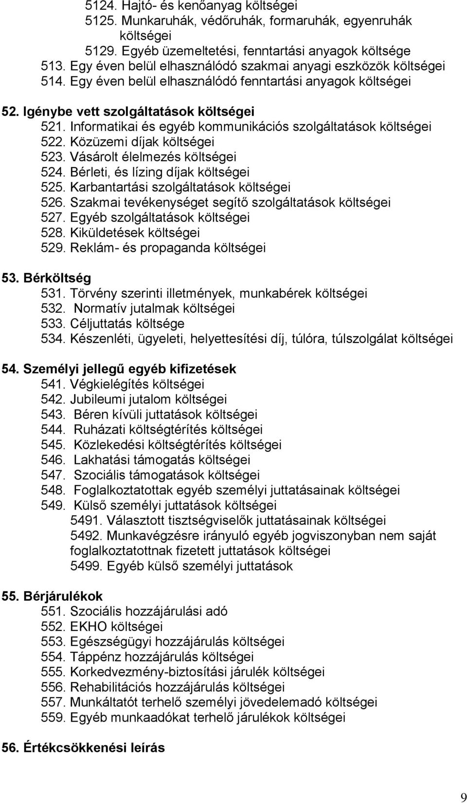 Informatikai és egyéb kommunikációs szolgáltatások költségei 522. Közüzemi díjak költségei 523. Vásárolt élelmezés költségei 524. Bérleti, és lízing díjak költségei 525.