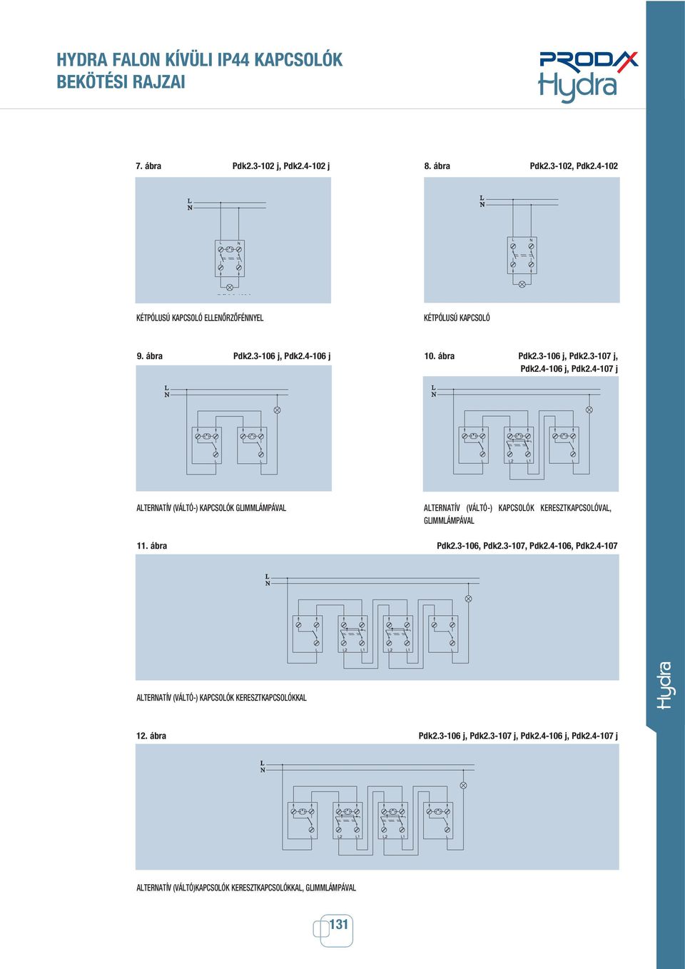 4-106 j, Pdk2.4-107 j LTERNTÍV (VÁLTÓ-) KPCSOLÓK GLIMMLÁMPÁVL 11. ábra LTERNTÍV (VÁLTÓ-) KPCSOLÓK KERESZTKPCSOLÓVL, GLIMMLÁMPÁVL Pdk2.3-106, Pdk2.
