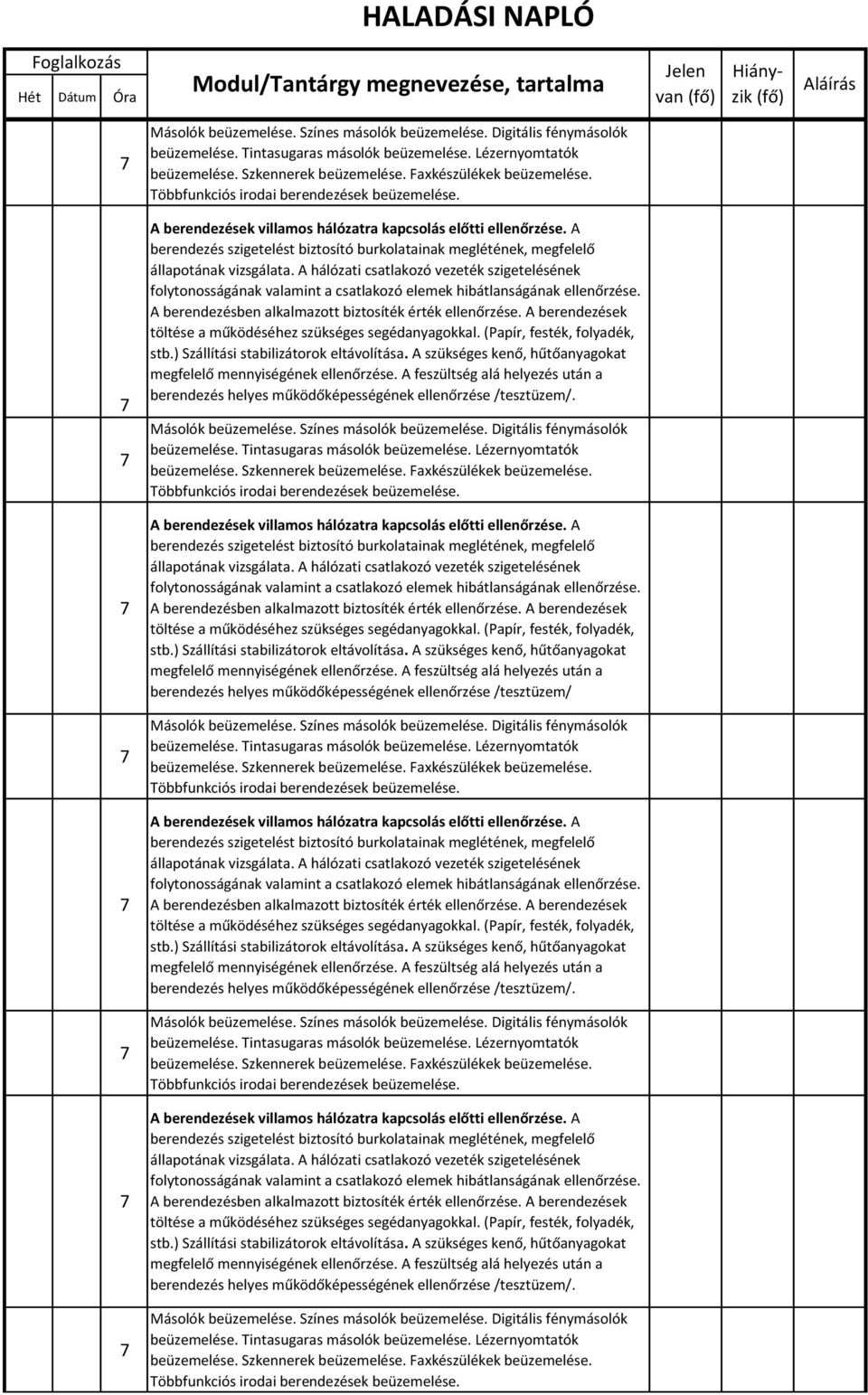 berendezés helyes működőképességének ellenőrzése /tesztüzem/. Másolók beüzemelése. Színes másolók beüzemelése. Digitális fénymásolók beüzemelése.