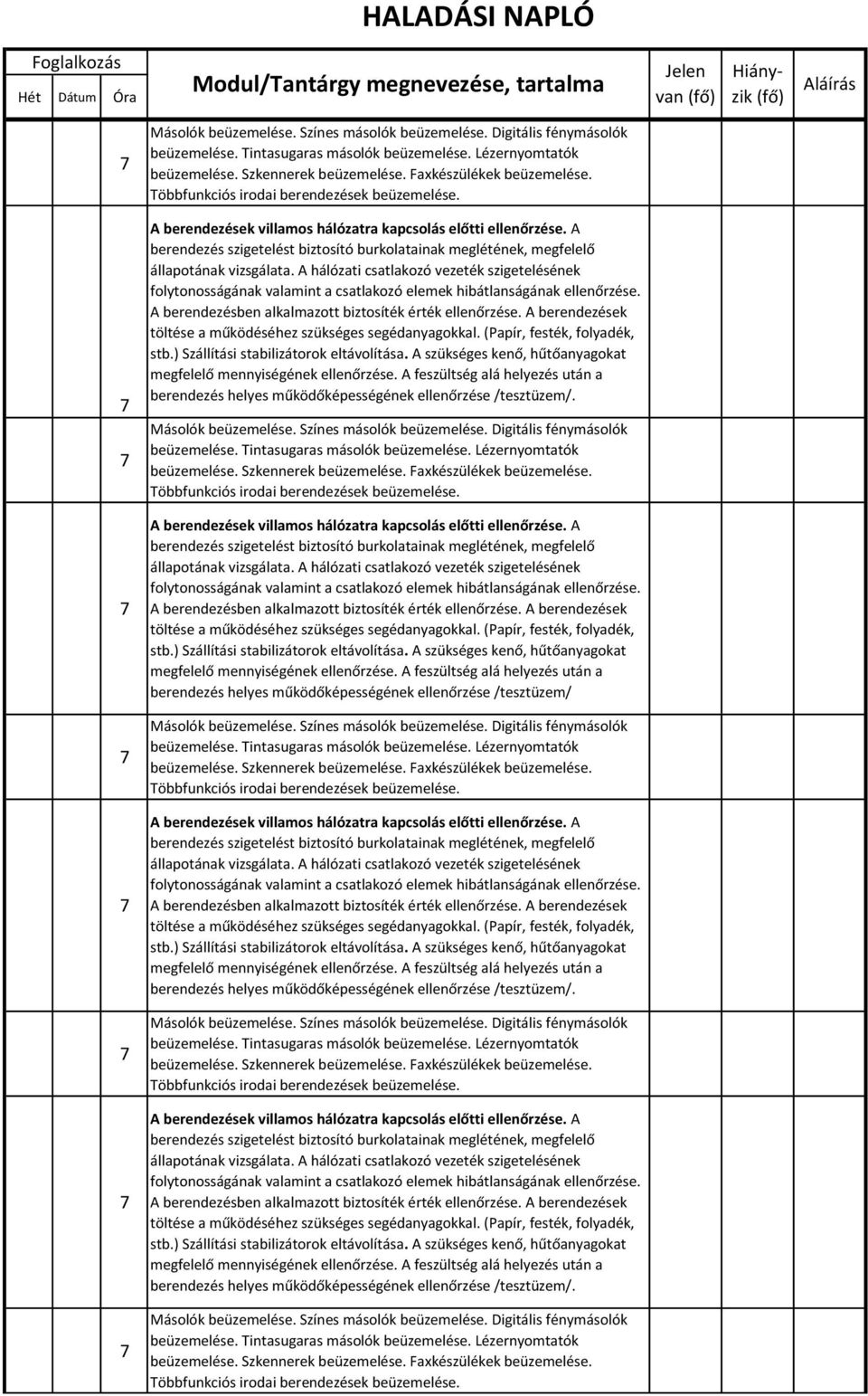 berendezés helyes működőképességének ellenőrzése /tesztüzem/. Másolók beüzemelése. Színes másolók beüzemelése. Digitális fénymásolók beüzemelése.