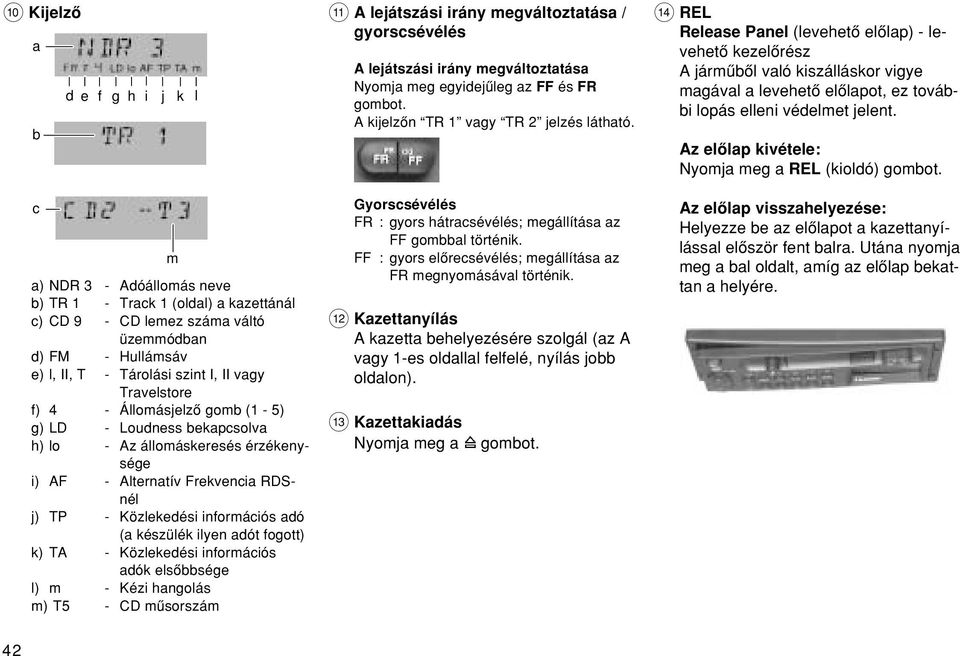 készülék ilyen adót fogott) k) TA - Közlekedési információs adók elsœbbsége l) m - Kézi hangolás m) T5 - CD mæsorszám ; A lejátszási irány megváltoztatása / gyorscsévélés A lejátszási irány