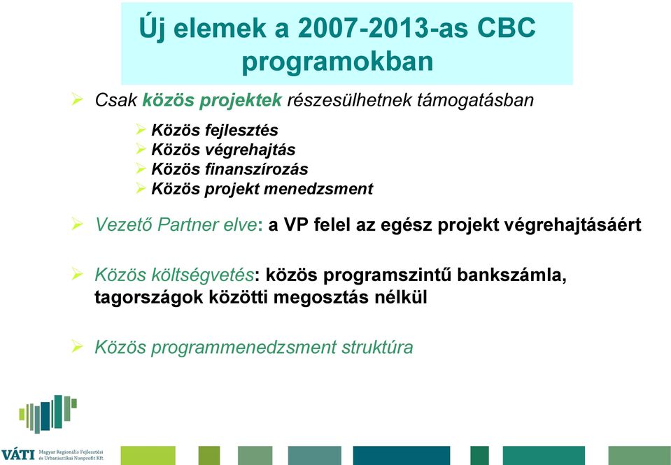 menedzsment Vezető Partner elve: a VP felel az egész projekt végrehajtásáért Közös