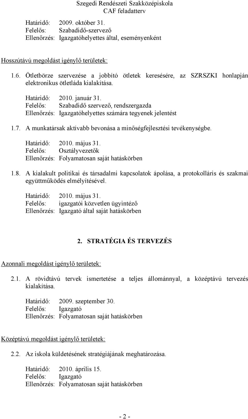 Felelős: Szabadidő szervező, rendszergazda Ellenőrzés: Igazgatóhelyettes számára tegyenek jelentést 1.7. A munkatársak aktívabb bevonása a minőségfejlesztési tevékenységbe. Határidő: 2010. május 31.