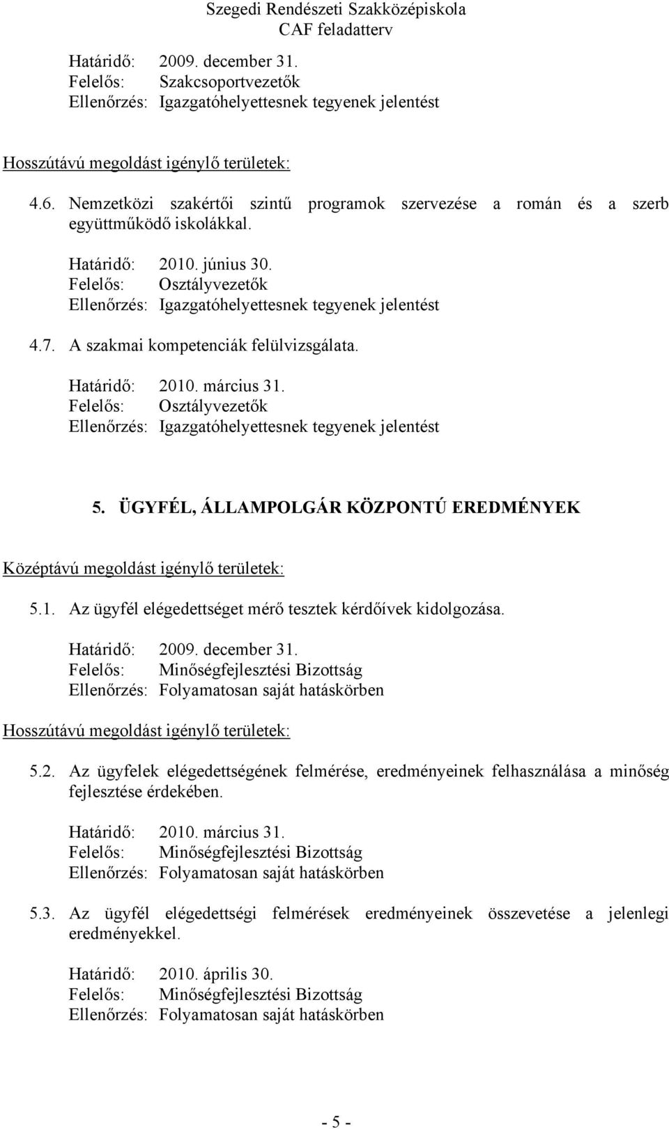 7. A szakmai kompetenciák felülvizsgálata. Ellenőrzés: Igazgatóhelyettesnek tegyenek jelentést 5. ÜGYFÉL, ÁLLAMPOLGÁR KÖZPONTÚ EREDMÉNYEK 5.1.