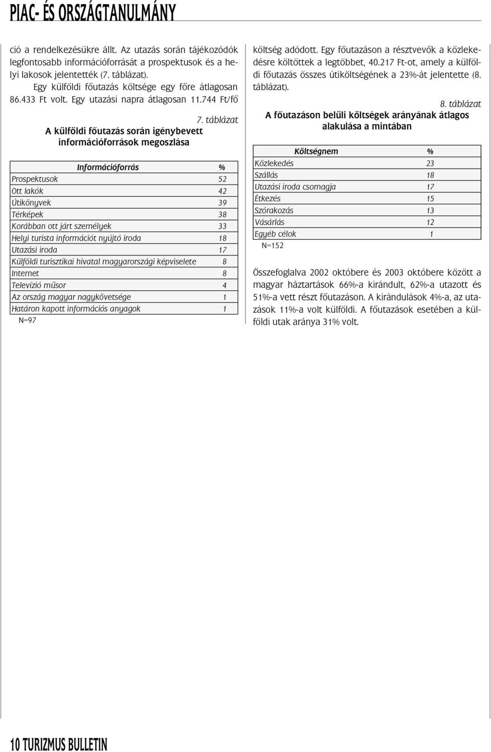 táblázat A külföldi fô utazás során igénybevett információforrások megoszlása Információforrás % Prospektusok 52 Ott lakók 42 Útikönyvek 39 Térképek 38 Korábban ott járt személyek 33 Helyi turista