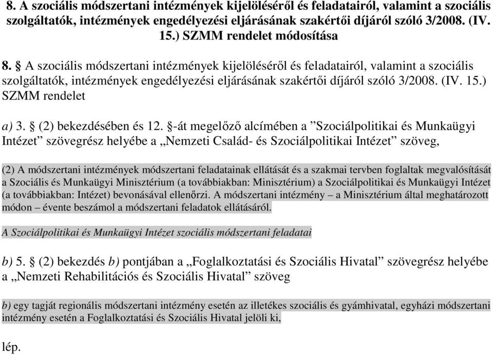 -át megelızı alcímében a Szociálpolitikai és Munkaügyi Intézet szövegrész helyébe a Nemzeti Család- és Szociálpolitikai Intézet szöveg, (2) A módszertani intézmények módszertani feladatainak