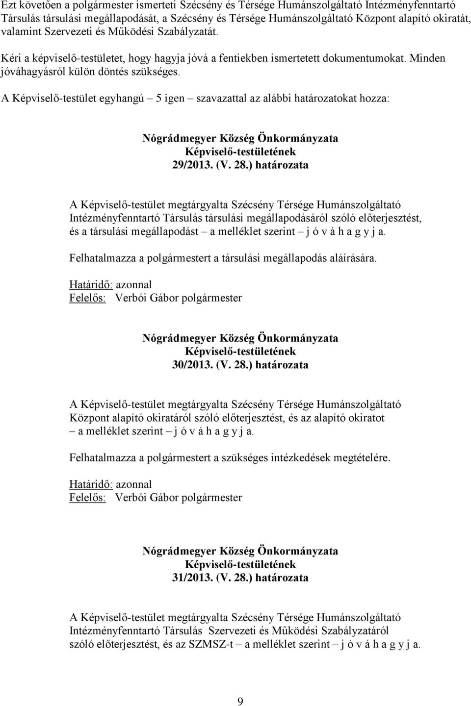 A Képviselő-testület egyhangú 5 igen szavazattal az alábbi határozatokat hozza: 29/2013. (V. 28.