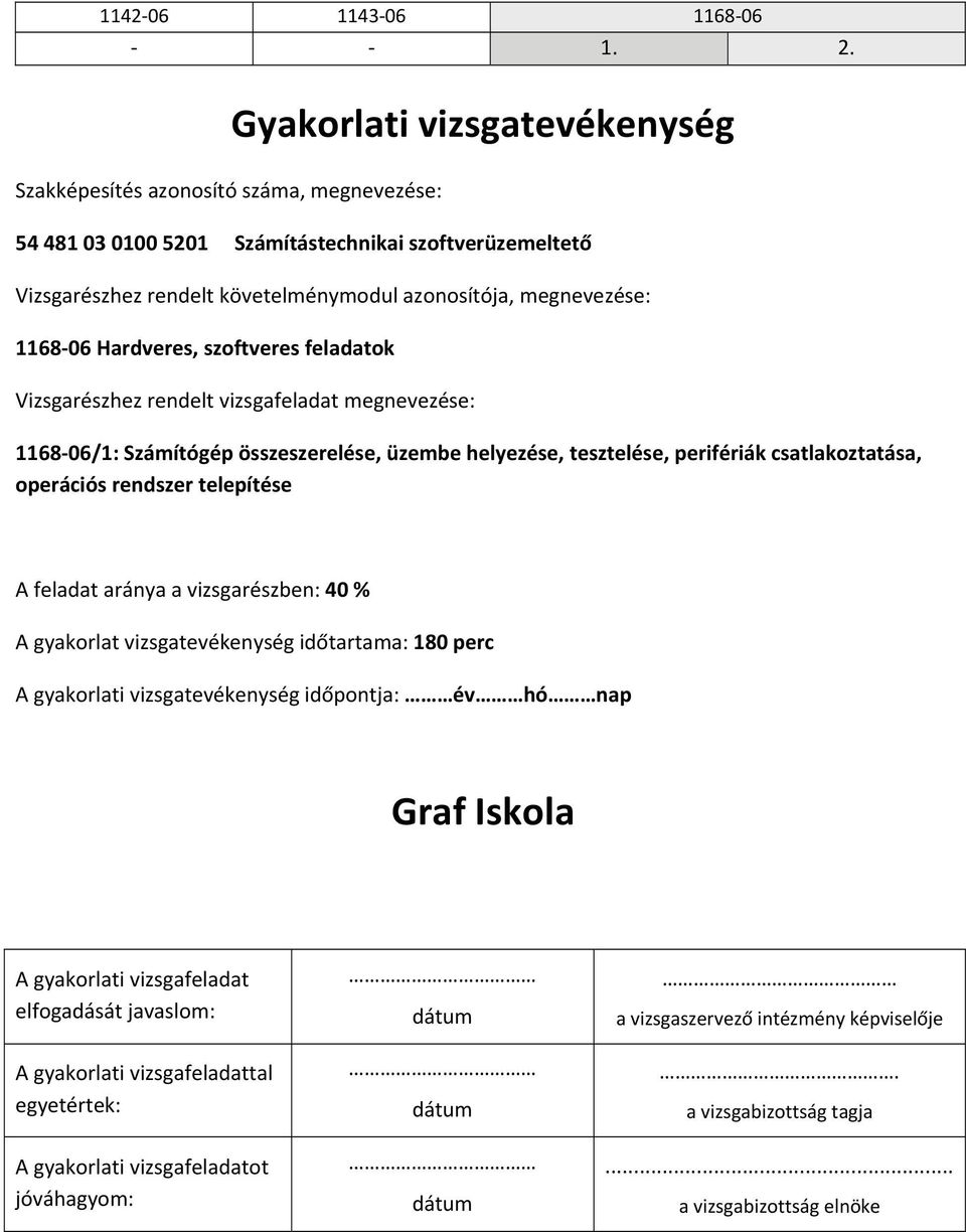 Hardveres, szoftveres feladatok Vizsgarészhez rendelt vizsgafeladat megnevezése: 68 06/: Számítógép összeszerelése, üzembe helyezése, tesztelése, perifériák csatlakoztatása, operációs rendszer