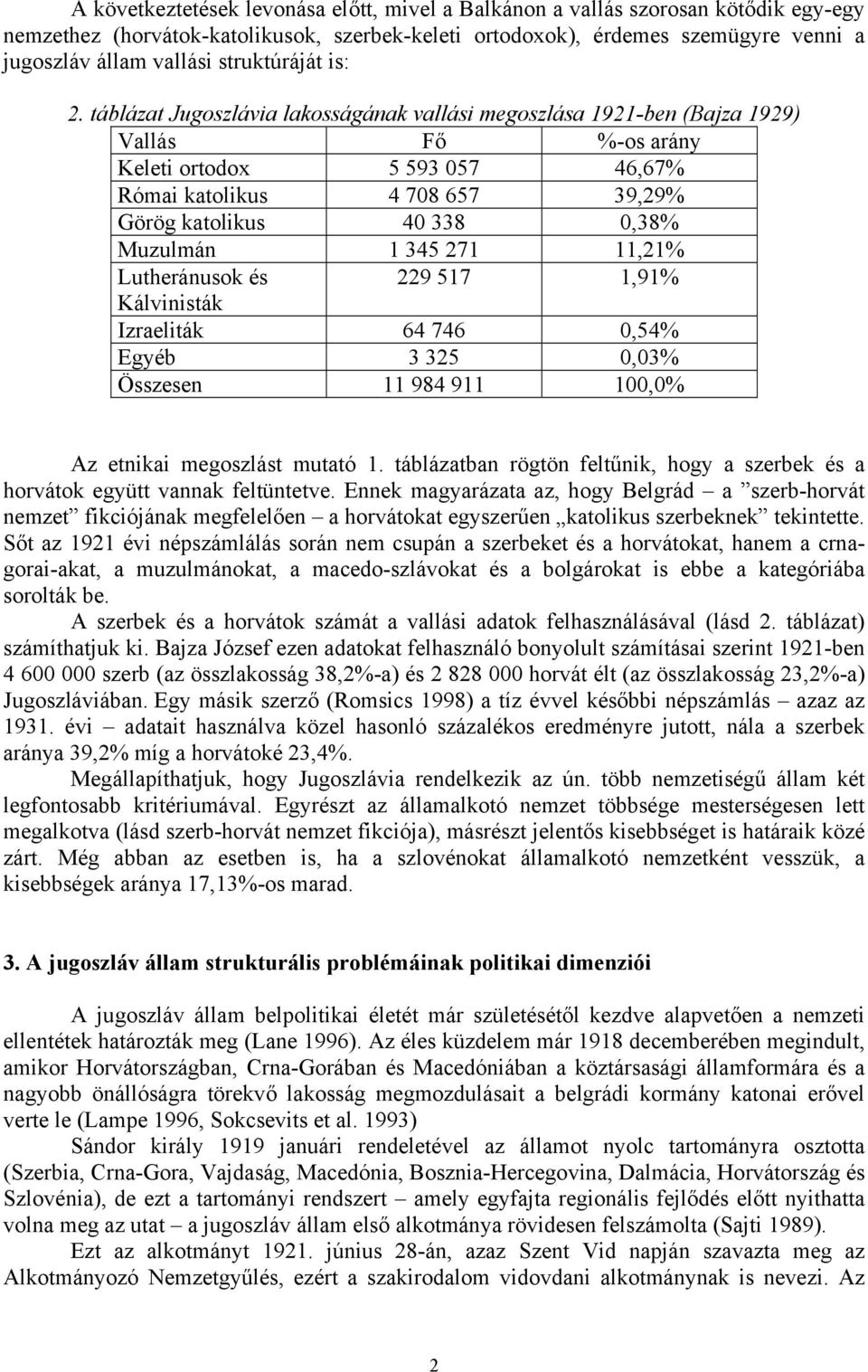 táblázat Jugoszlávia lakosságának vallási megoszlása 1921-ben (Bajza 1929) Vallás Fő %-os arány Keleti ortodox 5 593 057 46,67% Római katolikus 4 708 657 39,29% Görög katolikus 40 338 0,38% Muzulmán