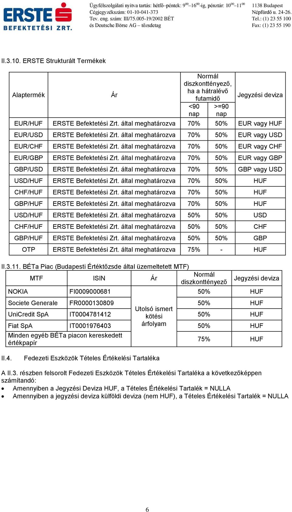 által meghatározva 70% 50% EUR vagy CHF EUR/GBP ERSTE Befektetési Zrt. által meghatározva 70% 50% EUR vagy GBP GBP/USD ERSTE Befektetési Zrt.