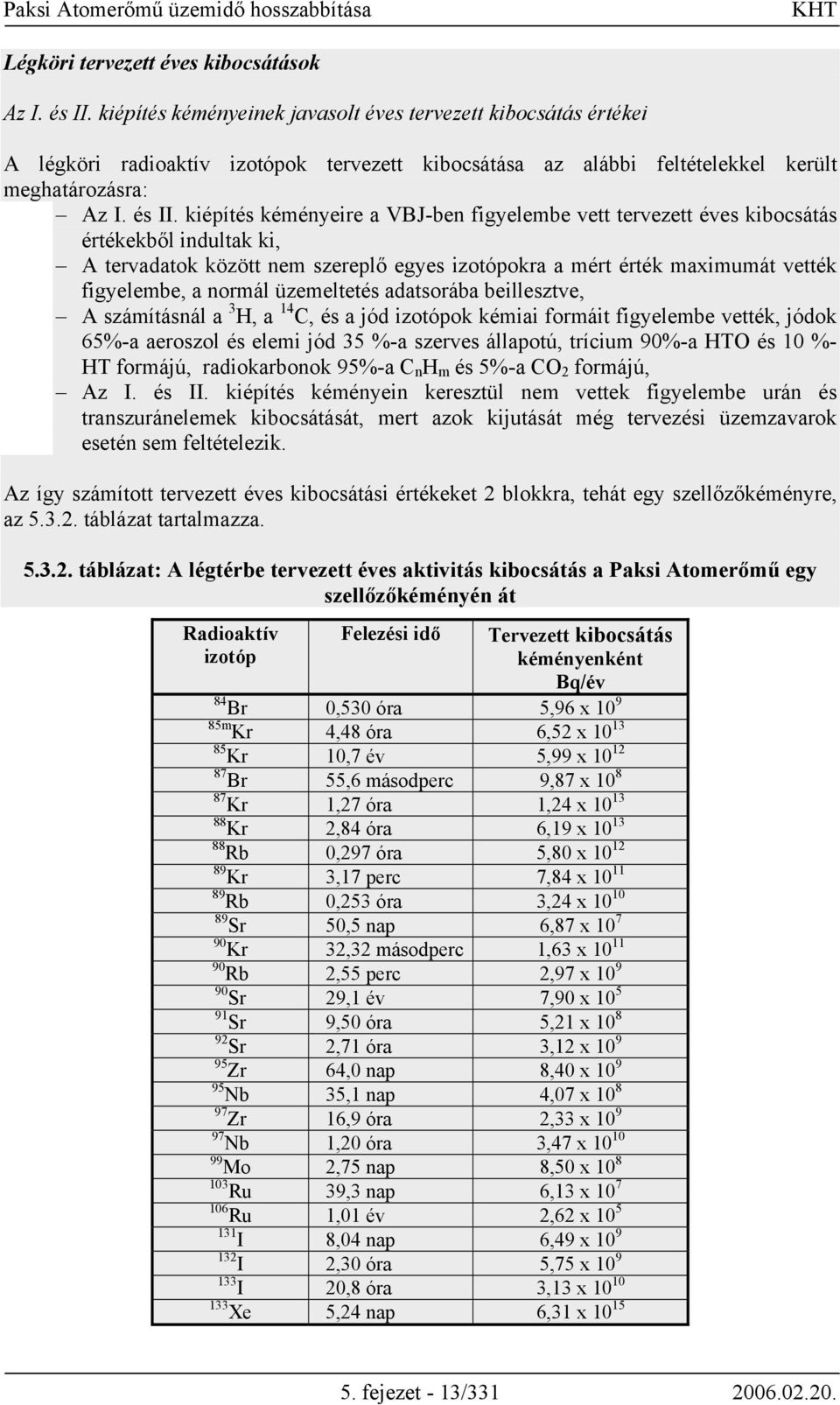 kiépítés kéményeire a VBJ-ben figyelembe vett tervezett éves kibocsátás értékekből indultak ki, A tervadatok között nem szereplő egyes izotópokra a mért érték maximumát vették figyelembe, a normál