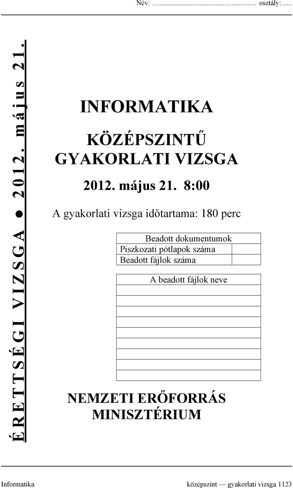 8:00 A gyakorlati vizsga időtartama: 180 perc Beadott dokumentumok