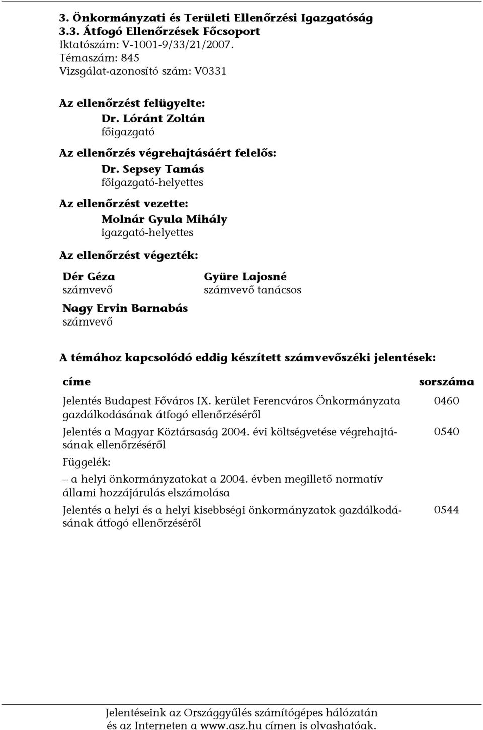 Sepsey Tamás főigazgató-helyettes Az ellenőrzést vezette: Molnár Gyula Mihály igazgató-helyettes Az ellenőrzést végezték: Dér Géza számvevő Nagy Ervin Barnabás számvevő Gyüre Lajosné számvevő