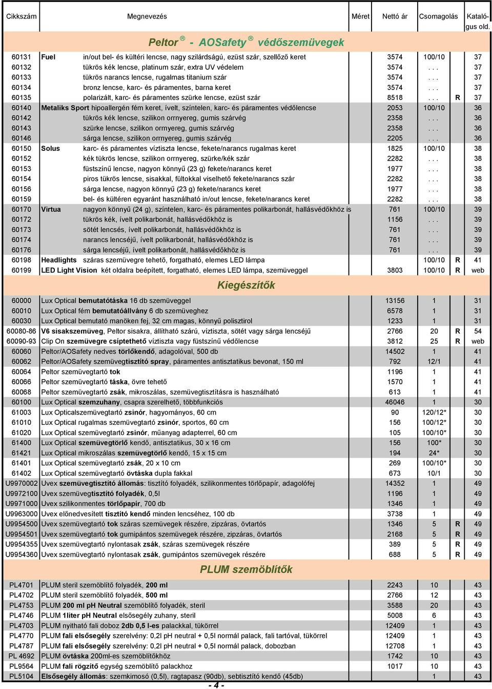 .. R 37 60140 Metaliks Sport hipoallergén fém keret, ívelt, színtelen, karc- és páramentes védőlencse 2053 100/10 36 60142 tükrös kék lencse, szilikon orrnyereg, gumis szárvég 2358.