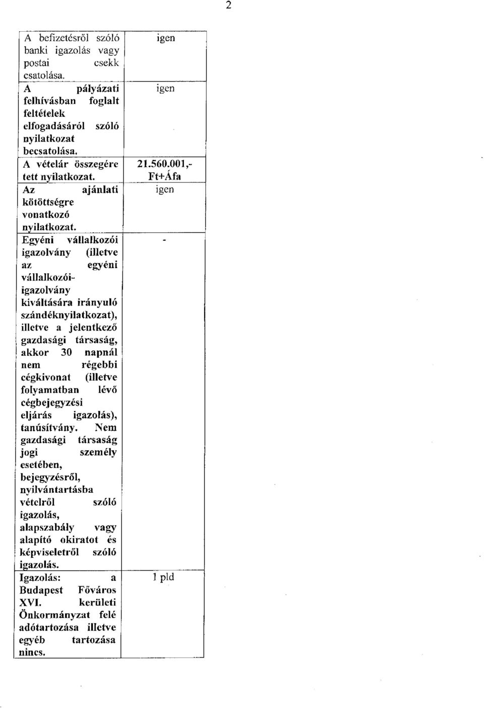 Egyéni vállalkozói igazolvány (illetve az egyéni vállalkozóiigazolvány kiváltására irányuló szándéknyilatkozat), illetve a jelentkező gazdasági társaság, akkor 30 napnál nem régebbi cégkivonat