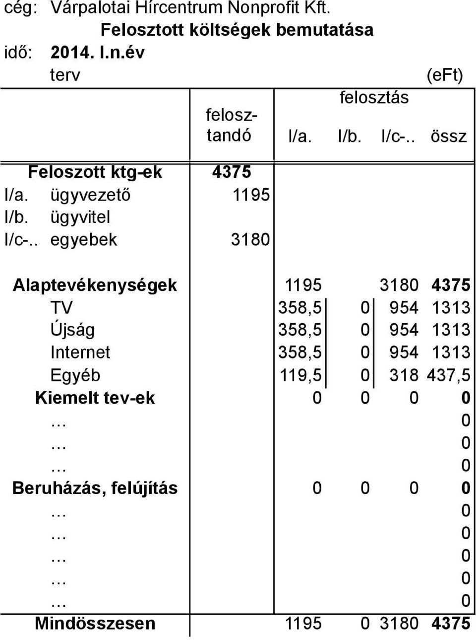 . egyebek 3180 Alaptevékenységek 1195 3180 4375 TV 358,5 0 954 1313 Újság 358,5 0 954 1313