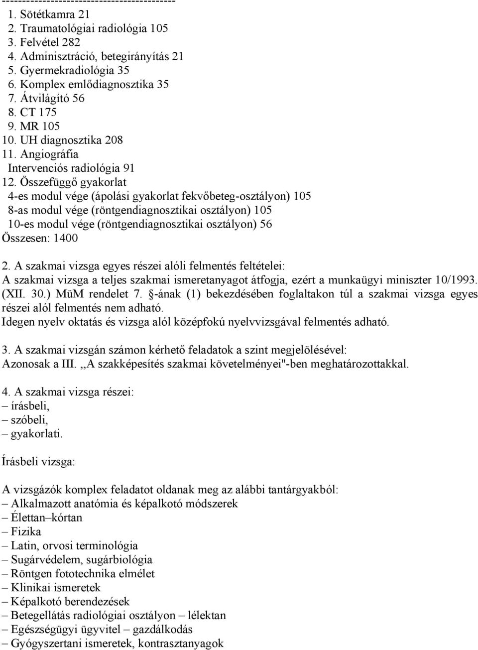 Összefüggő gyakorlat 4-es modul vége (ápolási gyakorlat fekvőbeteg-osztályon) 105 8-as modul vége (röntgendiagnosztikai osztályon) 105 10-es modul vége (röntgendiagnosztikai osztályon) 56 Összesen: