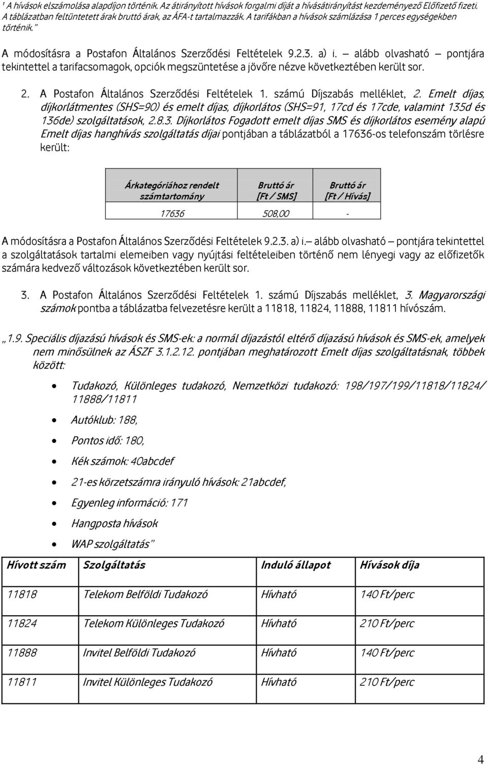 a) i. alább olvasható pontjára tekintettel a tarifacsomagok, opciók megszüntetése a jövőre nézve következtében került sor. 2. A Postafon Általános Szerződési Feltételek 1.