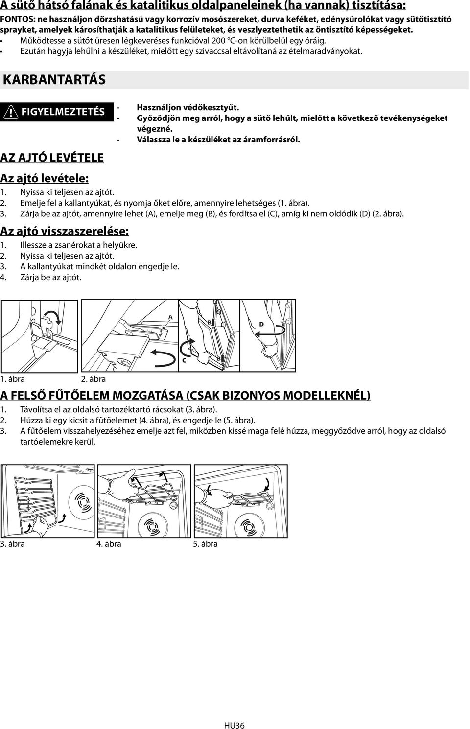 Ezután hagyja lehűlni a készüléket, mielőtt egy szivaccsal eltávolítaná az ételmaradványokat. KARBANTARTÁS FIGYELMEZTETÉS AZ AJTÓ LEVÉTELE - Használjon védőkesztyűt.