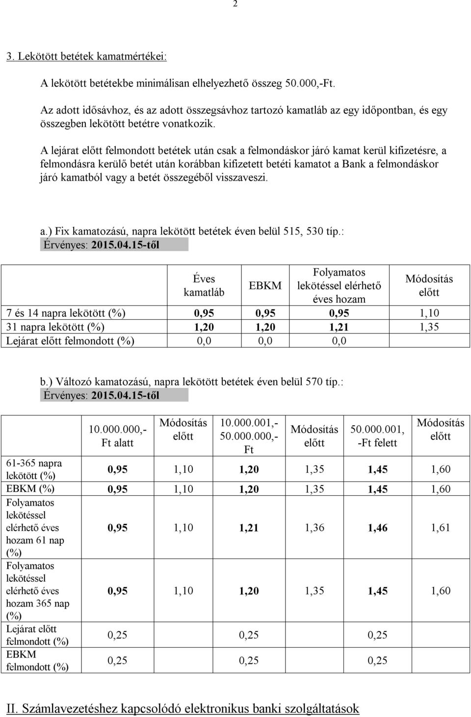 A lejárat felmondott betétek után csak a felmondáskor járó kamat kerül kifizetésre, a felmondásra kerülő betét után korábban kifizetett betéti kamatot a Bank a felmondáskor járó kamatból vagy a betét