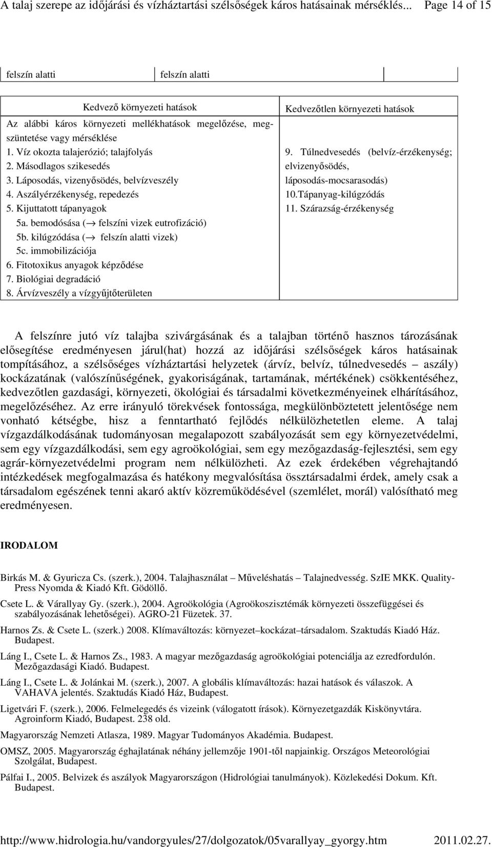 Másodlagos szikesedés 3. Láposodás, vizenyısödés, belvízveszély 4. Aszályérzékenység, repedezés 5. Kijuttatott tápanyagok 5a. bemodósása ( felszíni vizek eutrofizáció) 5b.