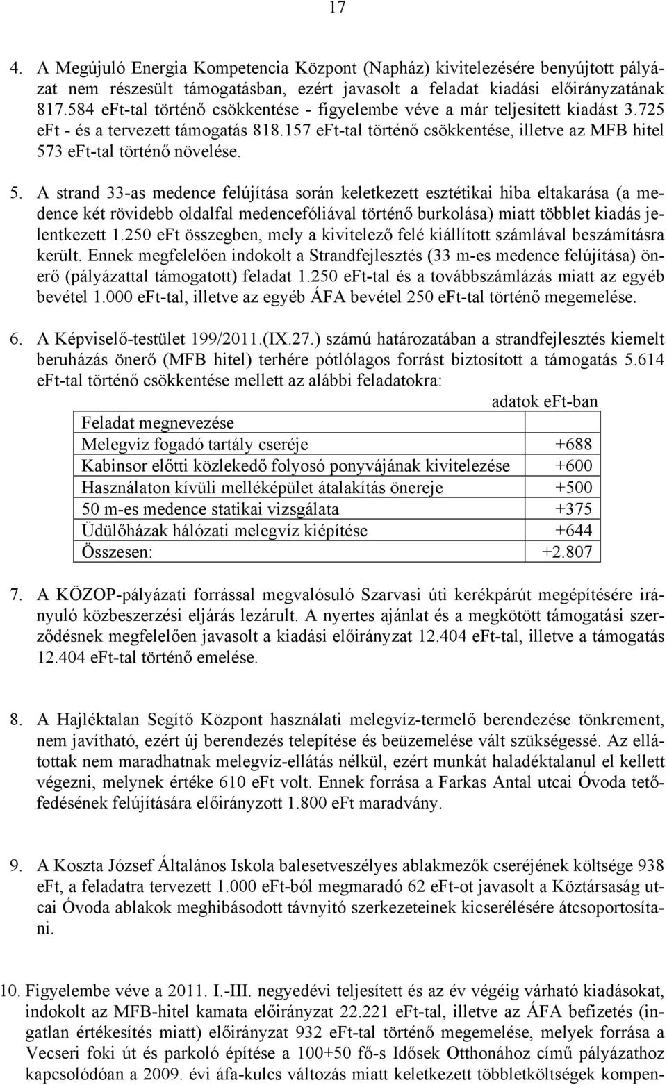 5. A strand 33-as medence felújítása során keletkezett esztétikai hiba eltakarása (a medence két rövidebb oldalfal medencefóliával történő burkolása) miatt többlet kiadás jelentkezett 1.
