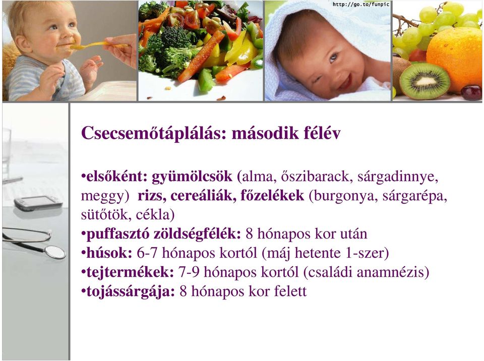 cékla) puffasztó zöldségfélék: 8 hónapos kor után húsok: 6-7 hónapos kortól (máj