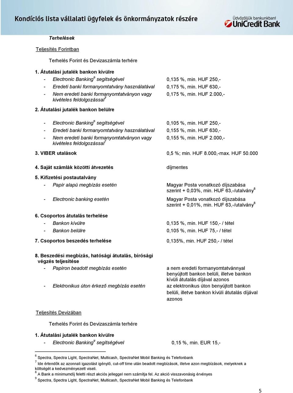 Átutalási jutalék bankon belülre - Electronic Banking 6 segítségével 0,105 %, min. HUF 250,- - Eredeti banki formanyomtatvány használatával 0,155 %, min.