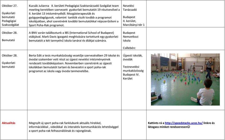 Mozgásterapeuták és gyógypedagógusok, valamint tanítók viszik tovább a programot iskolájukban, ahol szeretnénk további bemutatókkal népszerűsíteni a Sport Poha-Rak programot.