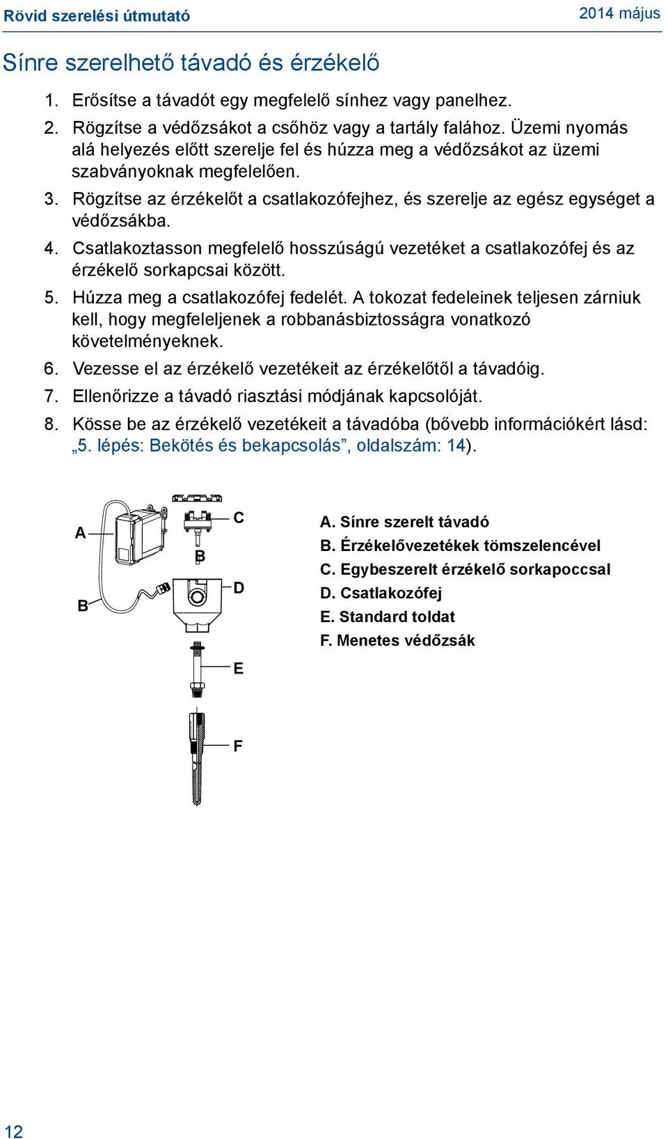 Csatlakoztasson megfelelő hosszúságú vezetéket a csatlakozófej és az érzékelő sorkapcsai között. 5. Húzza meg a csatlakozófej fedelét.