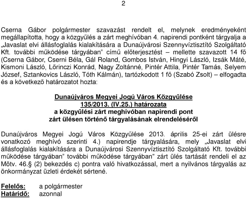 Zoltánné, Pintér Attila, Pintér Tamás, Selyem József, Sztankovics László, Tóth Kálmán), tartózkodott 1 fő (Szabó Zsolt) elfogadta és a következő határozatot hozta: Dunaújváros Megyei Jogú Város