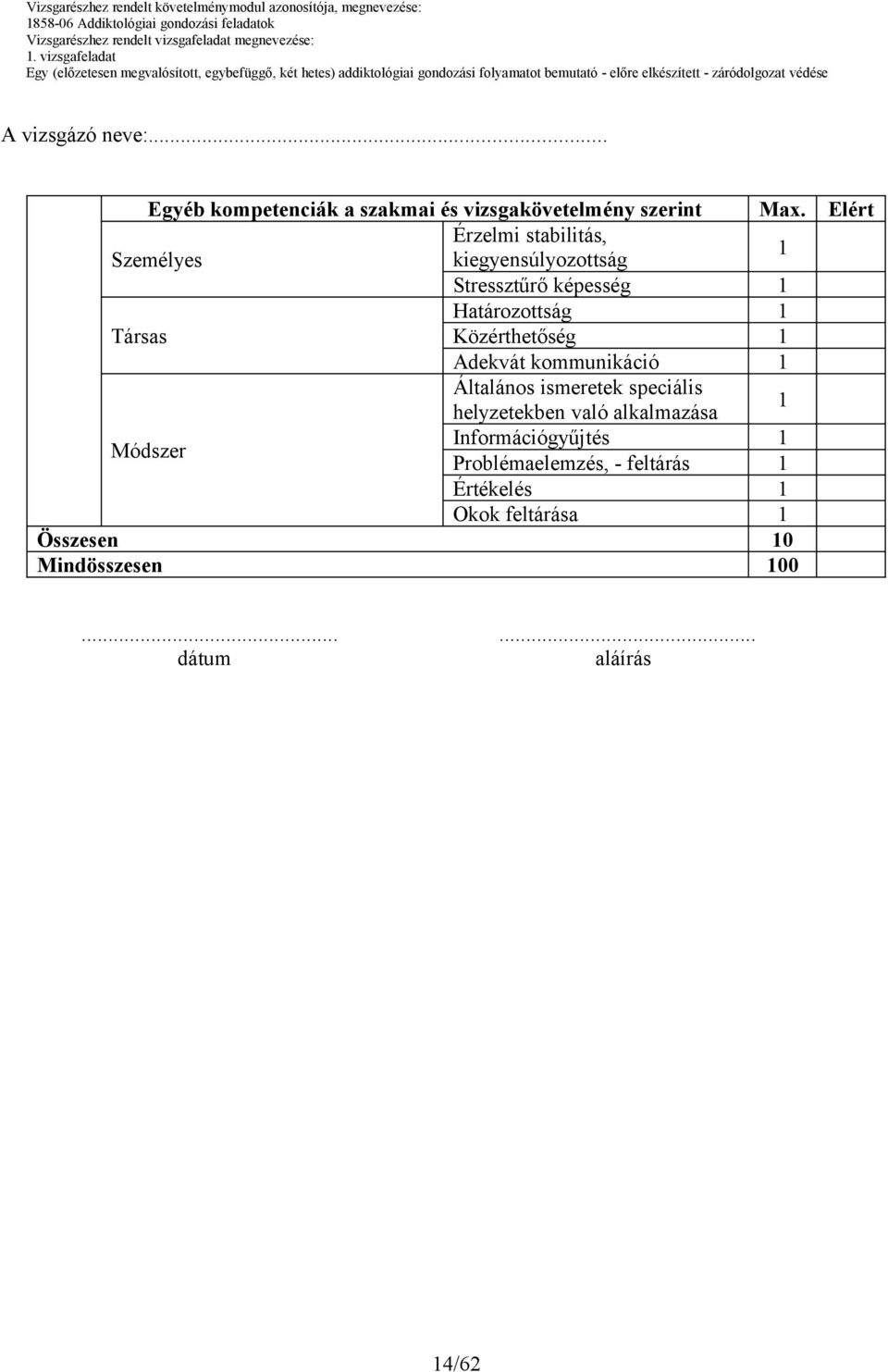 1 Társas Közérthetőség 1 Adekvát kommunikáció 1 Általános ismeretek speciális helyzetekben való