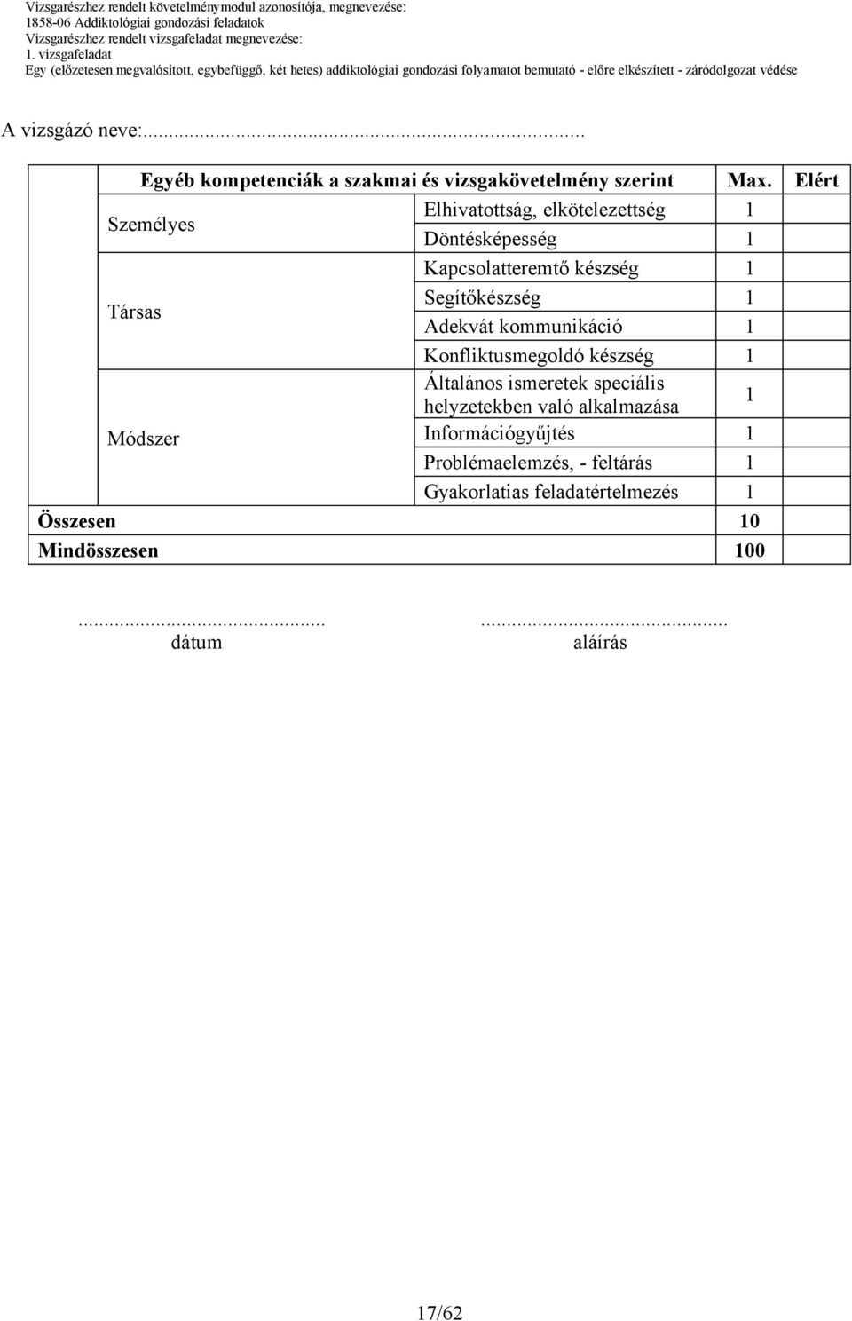 Segítőkészség 1 Adekvát kommunikáció 1 Konfliktusmegoldó készség 1 Általános ismeretek speciális