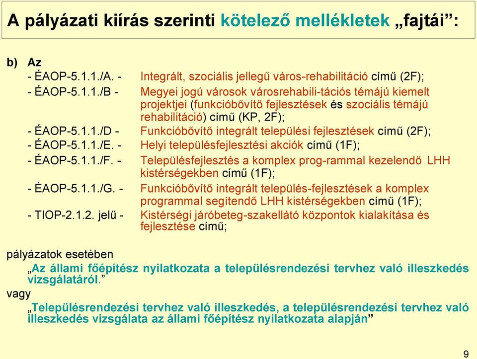 1.1./D - Funkcióbővítő integrált települési fejlesztések című (2F); - ÉAOP-5.1.1./E. - Helyi településfejlesztési akciók című (1F); - ÉAOP-5.1.1./F.