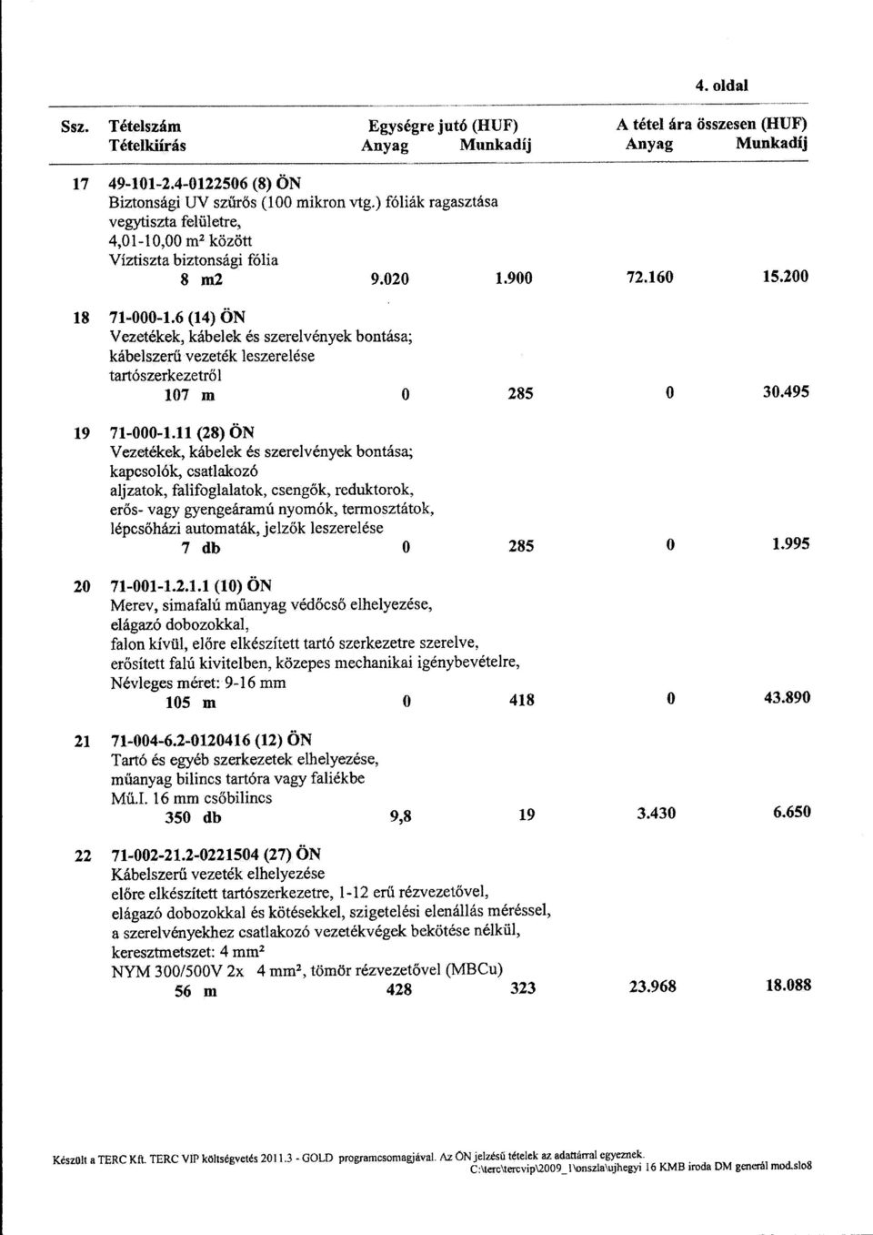 6 (14) ÖN Vezetékek, kábelek és szerelvények bontása; kábelszerű vezeték leszerelése tartószerkezetről tm m 19 71-000-1.