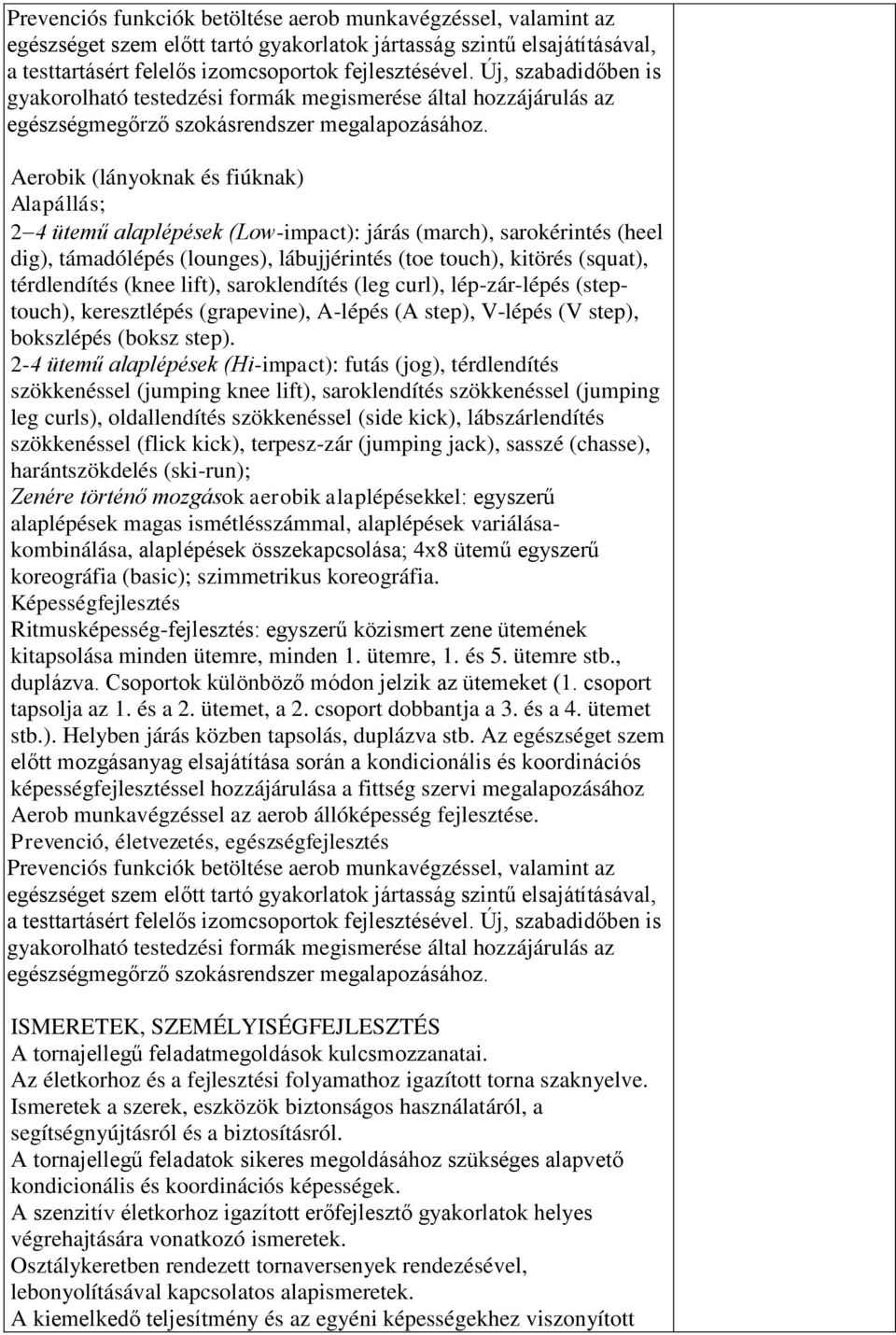 Aerobik (lányoknak és fiúknak) Alapállás; 2 4 ütemű alaplépések (Low-impact): járás (march), sarokérintés (heel dig), támadólépés (lounges), lábujjérintés (toe touch), kitörés (squat), térdlendítés