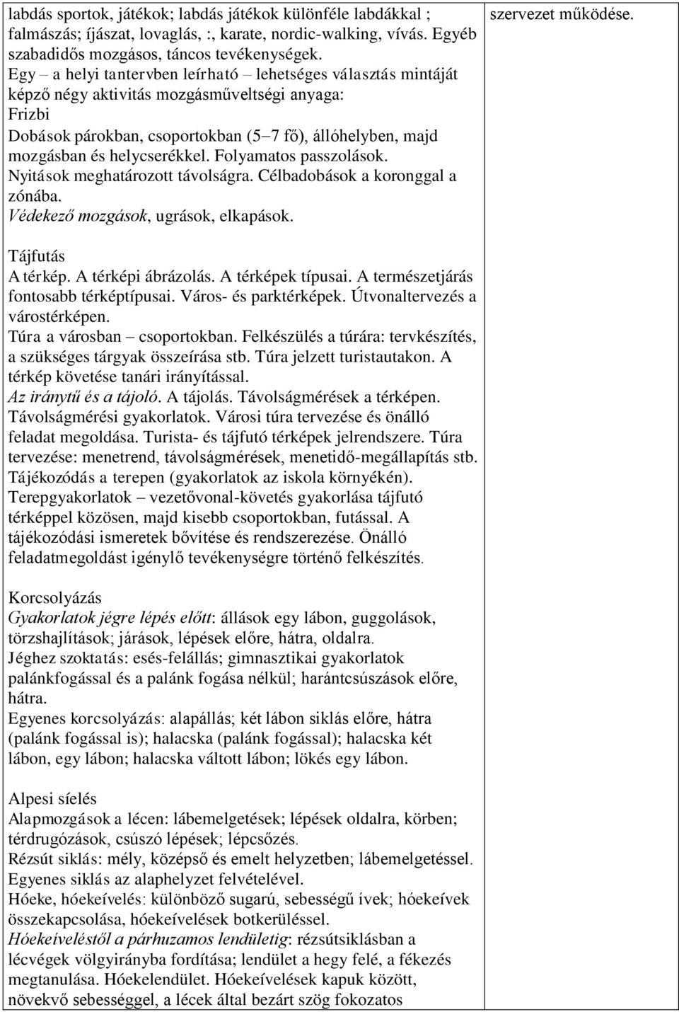 helycserékkel. Folyamatos passzolások. Nyitások meghatározott távolságra. Célbadobások a koronggal a zónába. Védekező mozgások, ugrások, elkapások. szervezet működése. Tájfutás A térkép.