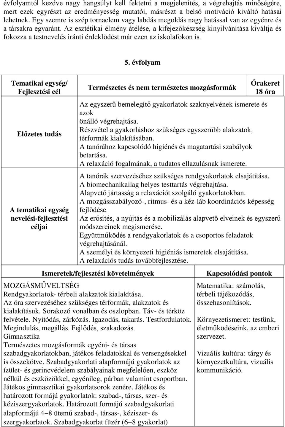 Az esztétikai élmény átélése, a kifejezőkészség kinyilvánítása kiváltja és fokozza a testnevelés iránti érdeklődést már ezen az iskolafokon is. 5.