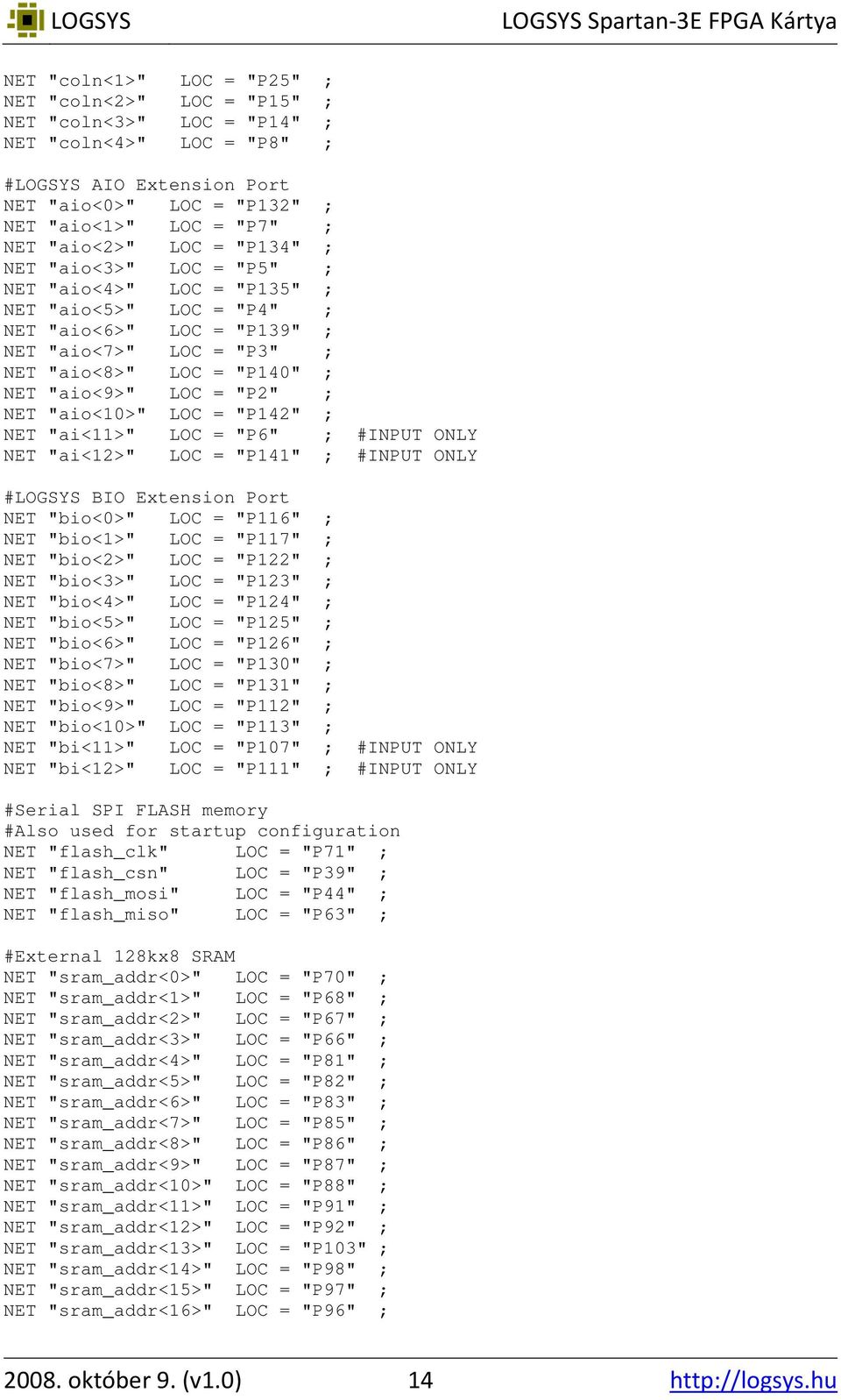 LOC = "P2" ; NET "aio<10>" LOC = "P142" ; NET "ai<11>" LOC = "P6" ; #INPUT ONLY NET "ai<12>" LOC = "P141" ; #INPUT ONLY #LOGSYS BIO Extension Port NET "bio<0>" LOC = "P116" ; NET "bio<1>" LOC =