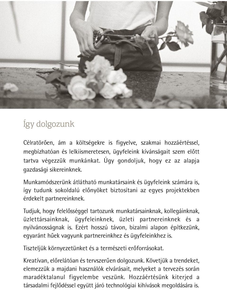 Munkamódszerünk átlátható munkatársaink és ügyfeleink számára is, így tudunk sokoldalú előnyöket biztosítani az egyes projektekben érdekelt partnereinknek.
