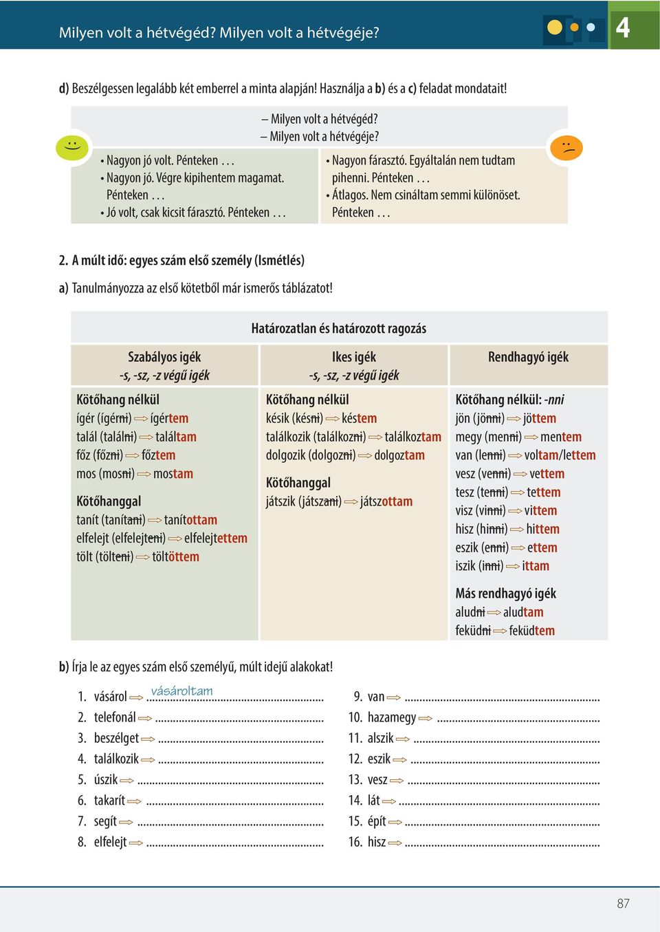 Nem csináltam semmi különöset. Pénteken 2. A múlt idő: egyes szám első személy (Ismétlés) a) Tanulmányozza az első kötetből már ismerős táblázatot!