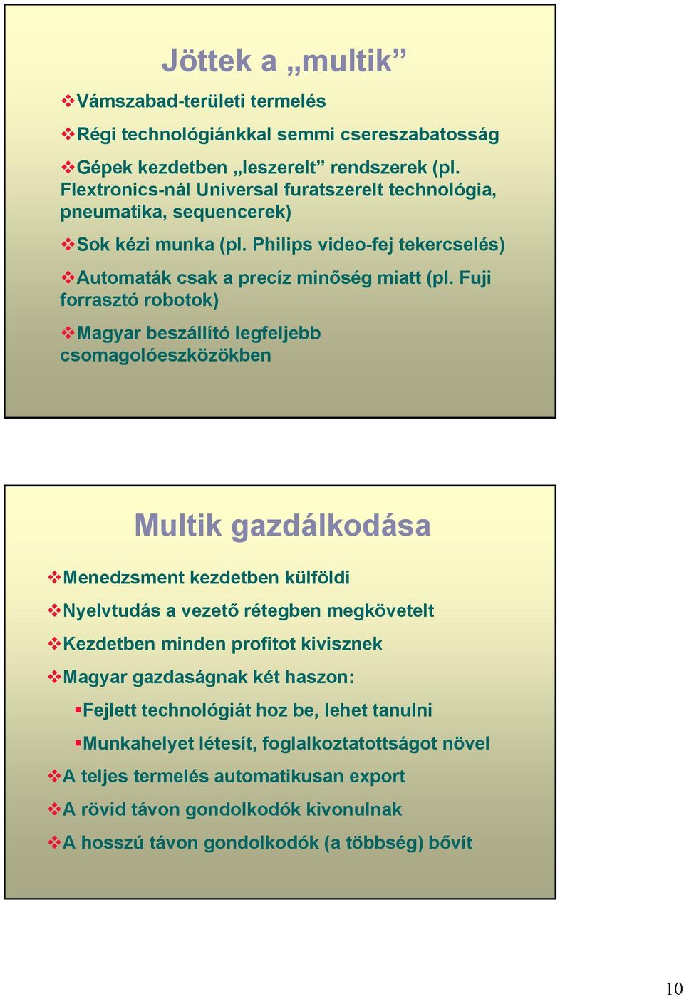 Fuji forrasztó robotok) Magyar beszállító legfeljebb csomagolóeszközökben Multik gazdálkodása Menedzsment kezdetben külföldi Nyelvtudás a vezető rétegben megkövetelt Kezdetben minden