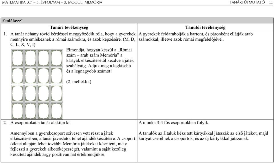 A gyerekek feldarabolják a kartont, és páronként ellátják arab számokkal, illetve azok római megfelelőjével. (2. melléklet) 2. A csoportokat a tanár alakítja ki.