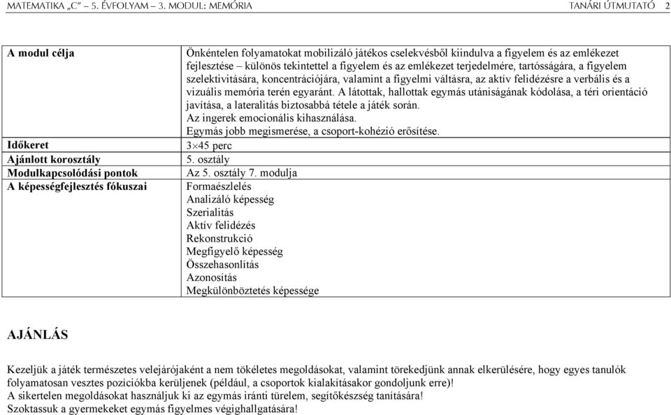 figyelem és az emlékezet fejlesztése különös tekintettel a figyelem és az emlékezet terjedelmére, tartósságára, a figyelem szelektivitására, koncentrációjára, valamint a figyelmi váltásra, az aktív